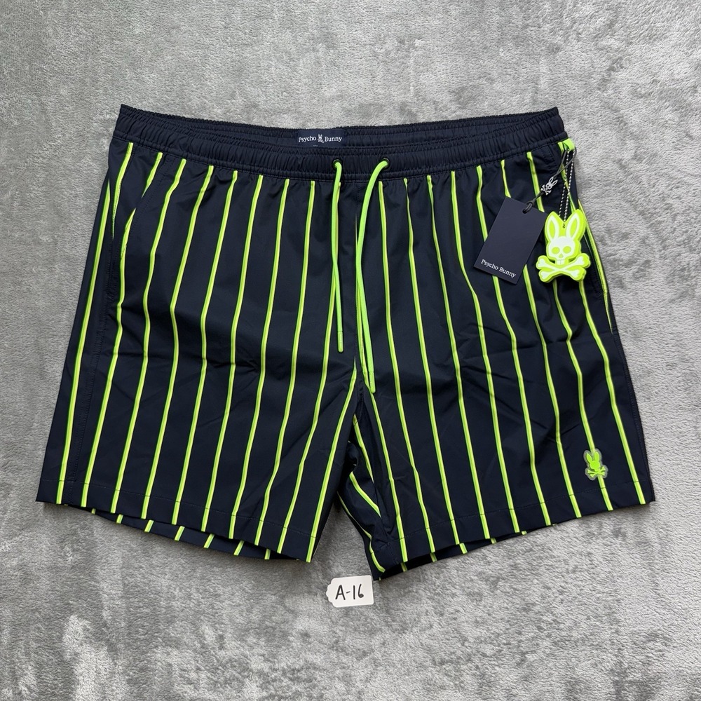 Psycho‎ Bunny Striped Swim Trunks Mason Navy/Neon Green Size XXL NEW WITH TAG